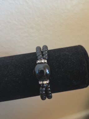 Black Beaded Stretch Bracelet with Crystal Accents
